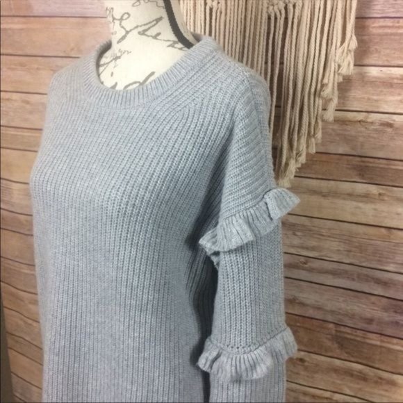 Michael Kors | Grey Lambs Wool Knit Long Ruffle Sleeve Sweater Midi Dress - Picture 3 of 8